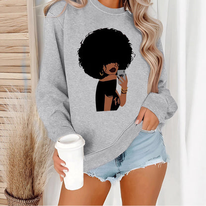 Afro Woman Portrait Print Sweatshirt | Stylish Orange Crewneck Pullover for Women