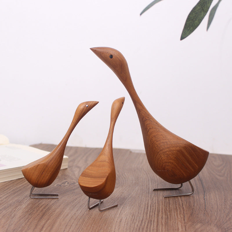 Nordic Hand-Carved Wooden Swan Figurine – Minimalist Teak Wood Bird Sculpture for Home Decor