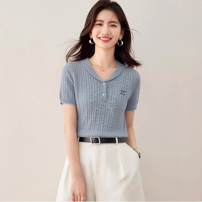 Elegant Flip Collar Cable Knit Blouse - Slim Fit Casual Top for Women