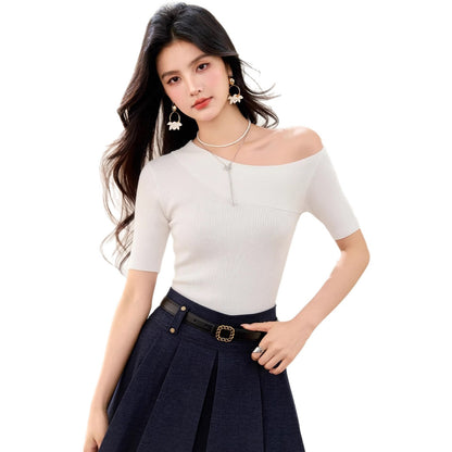 Off-Shoulder Waist Cinched Mid Sleeve T-Shirt - Summer High-End Top