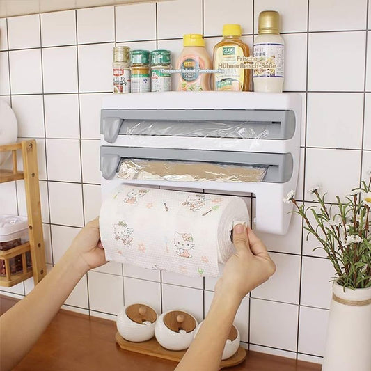 3-in-1 Wall-Mounted Kitchen Roll Holder & Cutter - Magnetic Suction Storage Rack for Foil, Cling Film & Paper Towel (Space Saving)