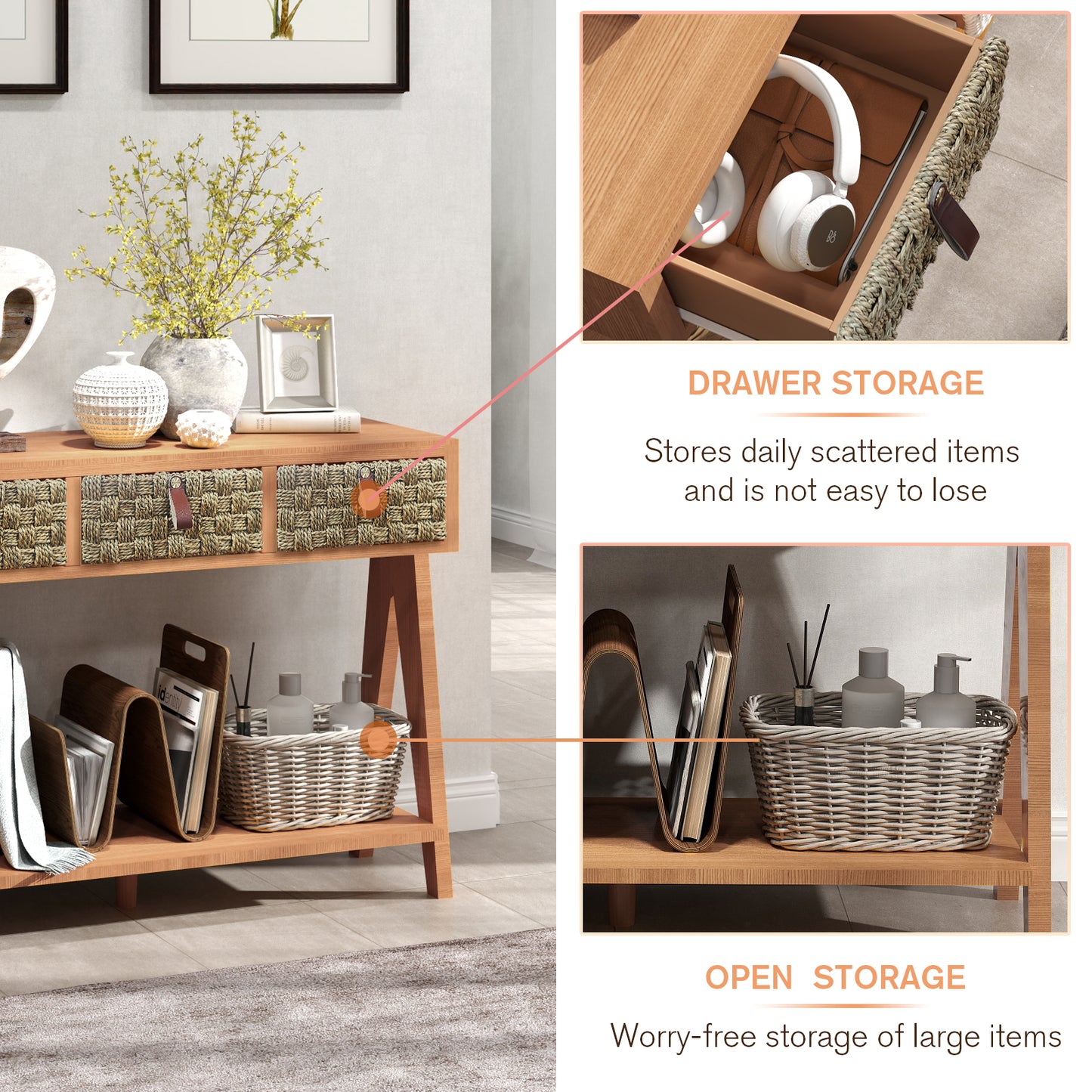 Mid-Century Modern Console Table with 3 Woven Drawers – Multifunctional Entryway Table & Open Storage Rack