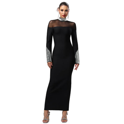 Elegant High-Neck Long Sleeve Maxi Dress – Glamorous Sheer Mesh Detail Sequined Party Gown for Women