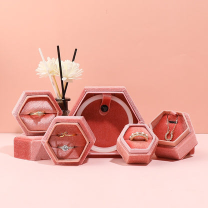 Hexagonal Velvet Jewelry Box - High-End Korean Ring & Earring Gift Box