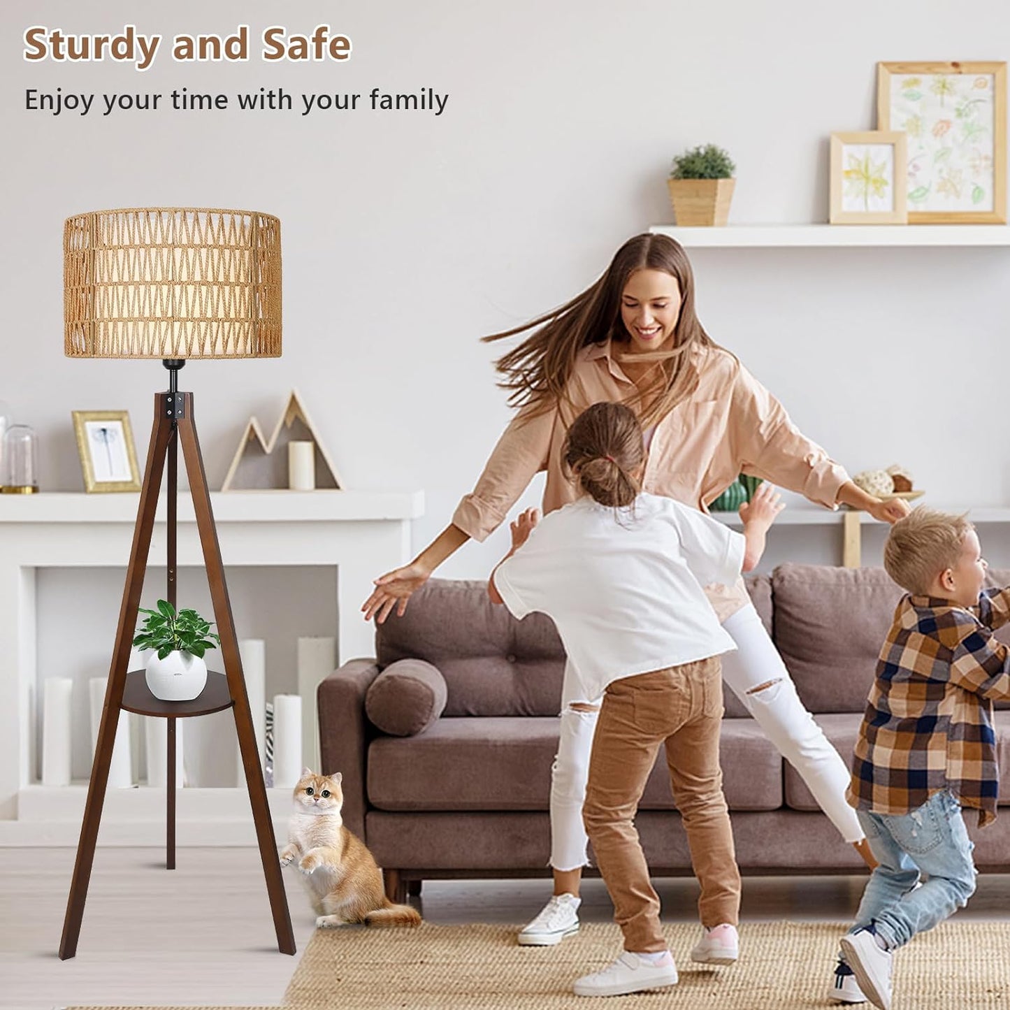 Boho Wooden Tripod Floor Lamp – Elegant Standing Lamp with Rattan Shade & Built-in Shelf for Bedroom Decor