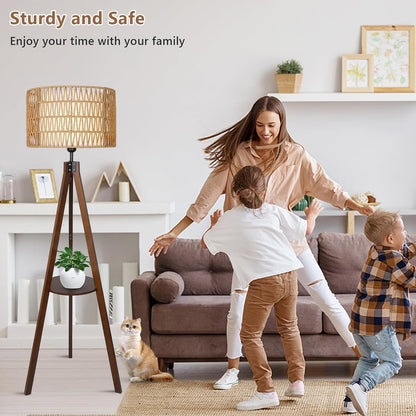 Boho Wooden Tripod Floor Lamp – Elegant Standing Lamp with Rattan Shade & Built-in Shelf for Bedroom Decor