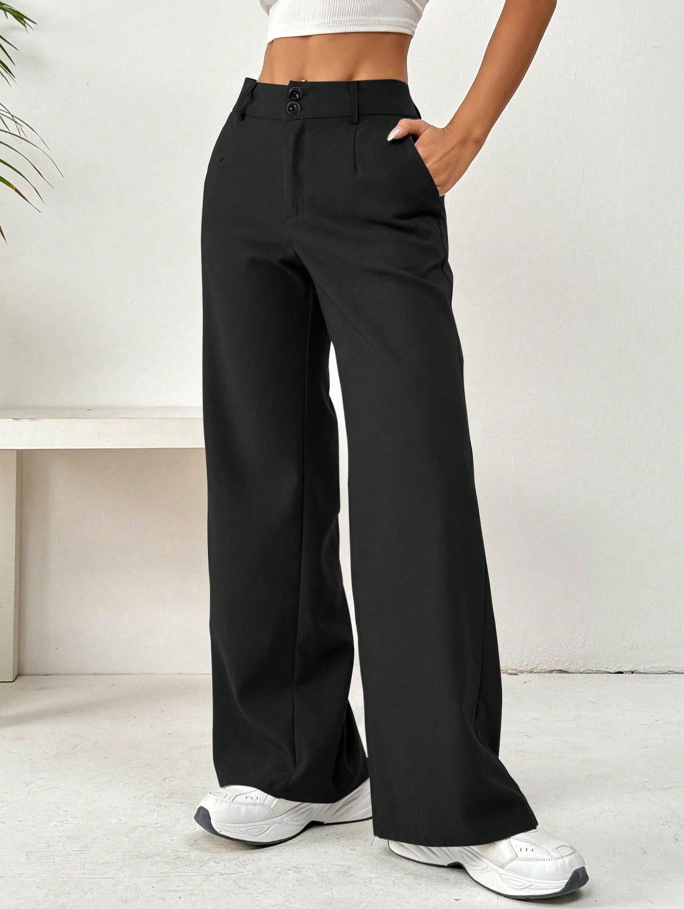 Women's Loose Fit Slimming Straight Leg Trousers - Casual Wide Pants