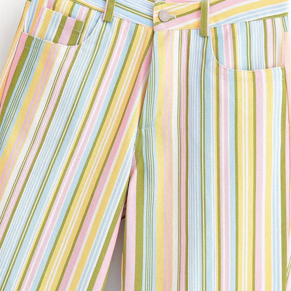 Retro Multicolor Striped High-Waisted Casual Trousers