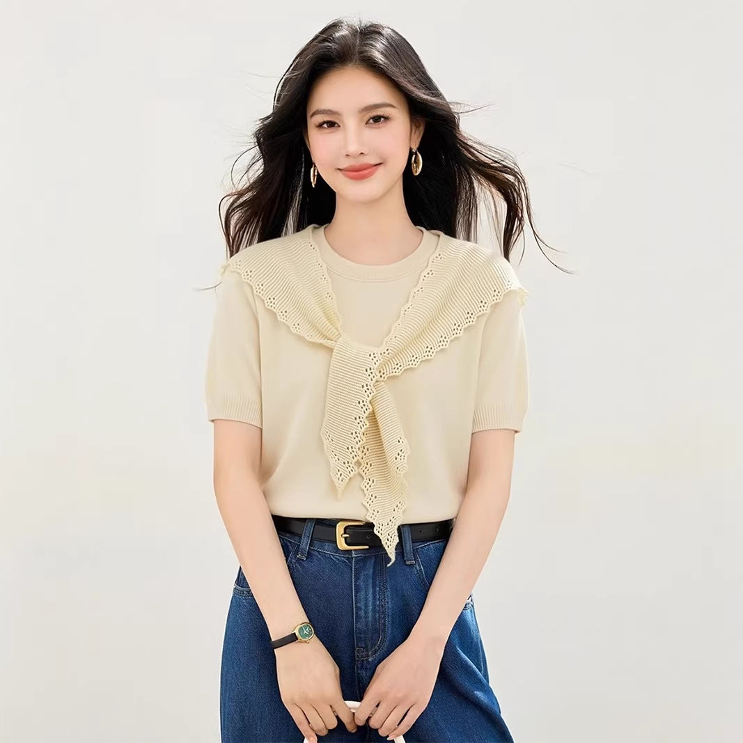 Elegant Ice Silk Short Sleeve Knitted Top - Everyday Casual Wear for Women