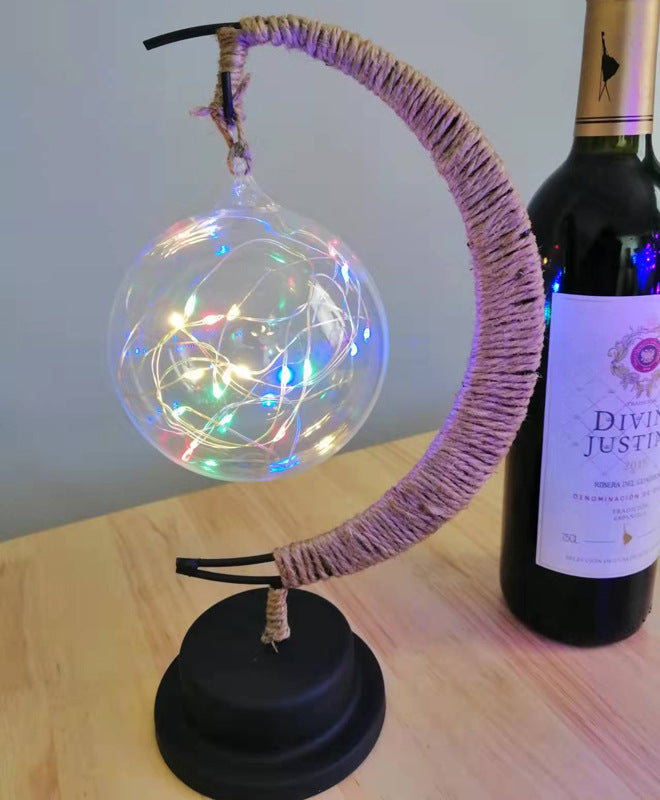 LED Star in Moon Night Light with Hemp Rope and Iron Art Base