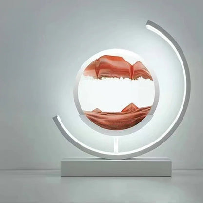 Modern round sand art lamp with LED light and minimalist red and white landscape design