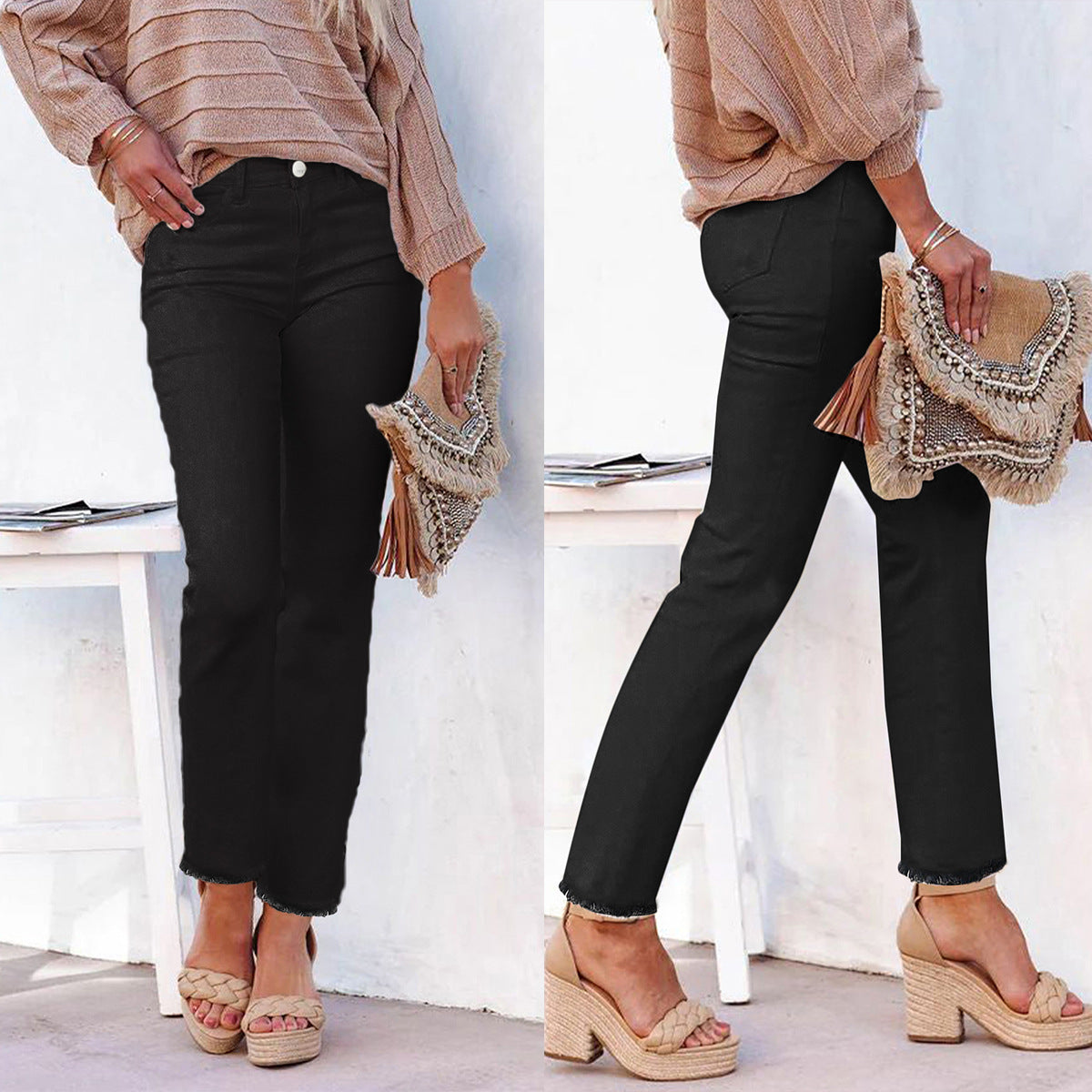 Women's High Waisted White Straight Leg Jeans - Ankle-Length Raw Hem Denim Pants