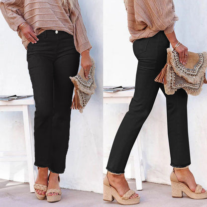 Women's High Waisted White Straight Leg Jeans - Ankle-Length Raw Hem Denim Pants