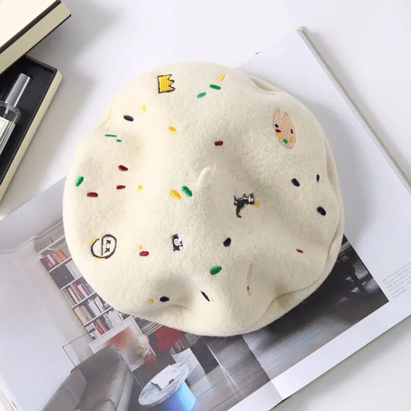 Cute Dinosaur Embroidery Wool Beret - Korean Style Winter Artist Hat for Women & Girls