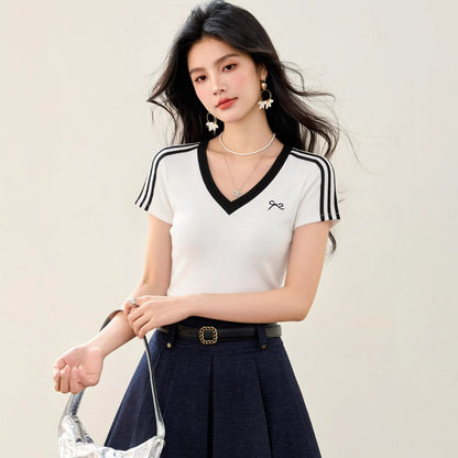White V-Neck Bow Tie Knit T-Shirt - Waist-Cinching Short Sleeve Top