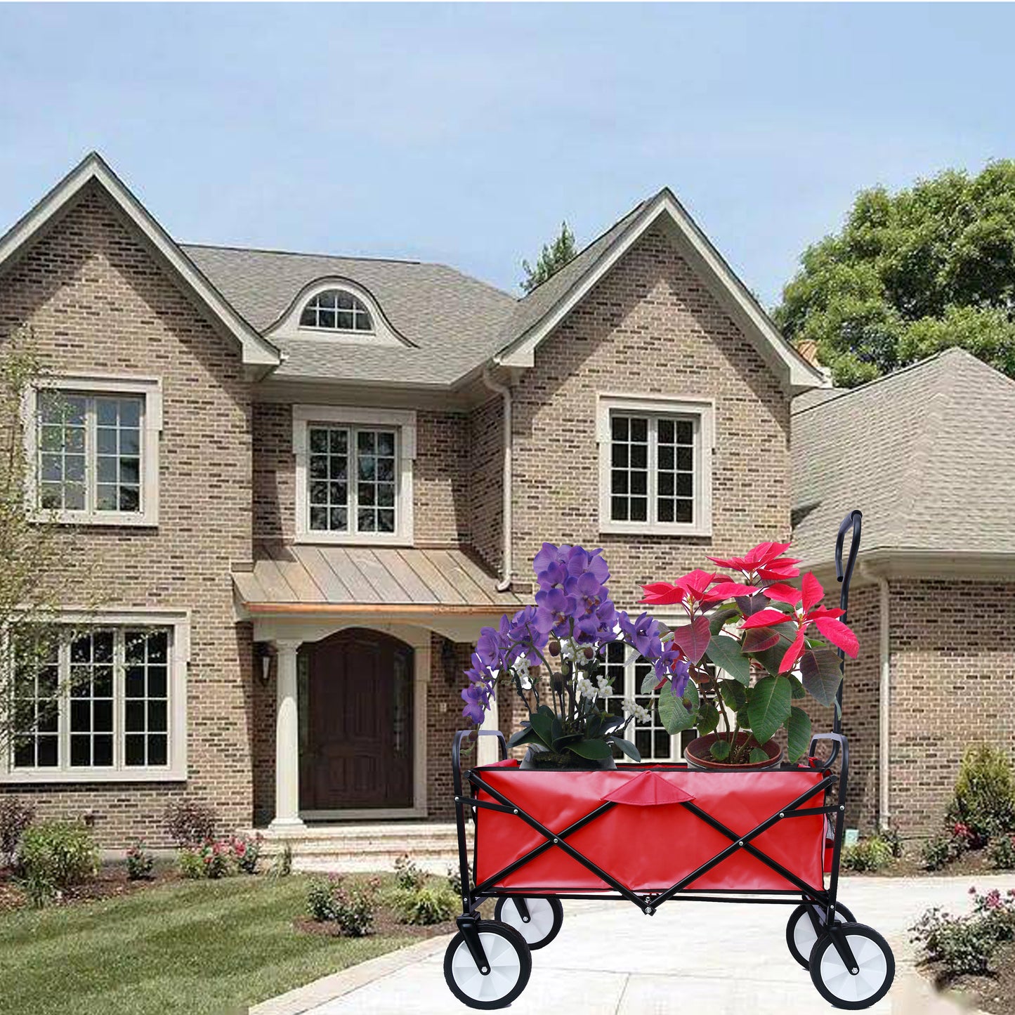 Folding Wagon Garden Shopping Beach Cart – Heavy Duty Red Utility Cart