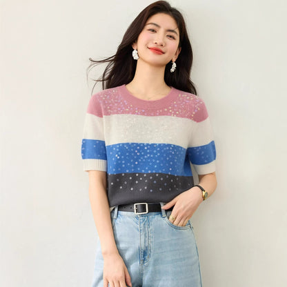 Women's Striped Sequin Short Sleeve T-Shirt - Crew Neck Slim Fit Knit Top