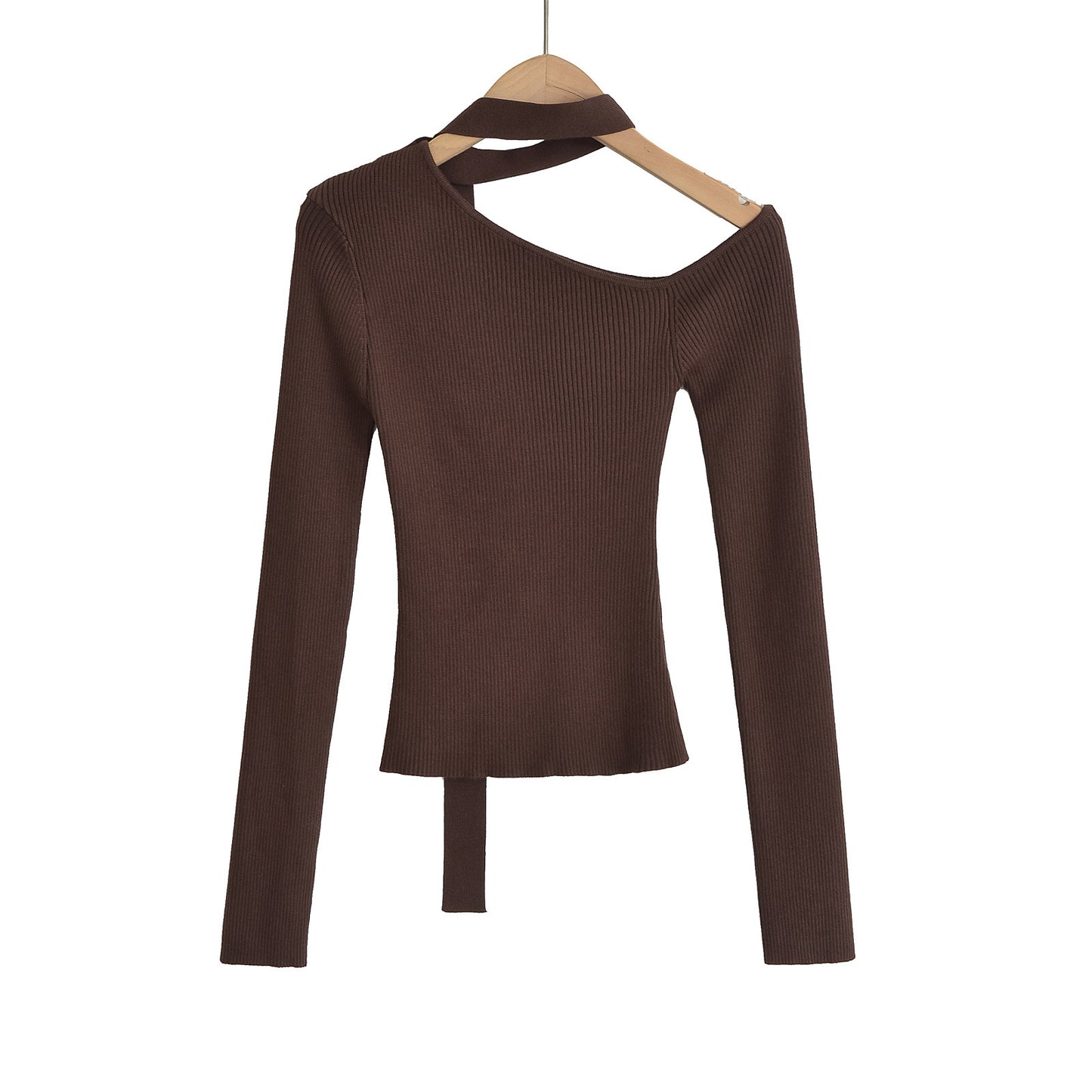 Trendy Slanted Collar Off-Shoulder Ribbed Top - Chic Asymmetric Long Sleeve Shirt