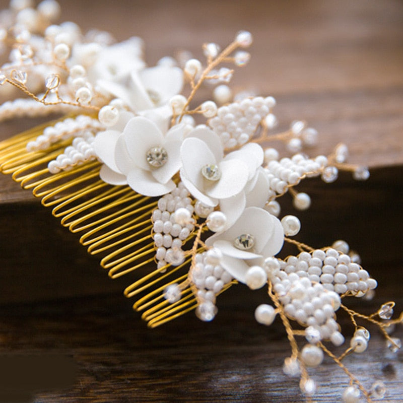 Gold Bridal Hair Comb/Vine with Pearl Beads & Crystal Flowers / Wedding Headpiece Hair Accessories for Women
