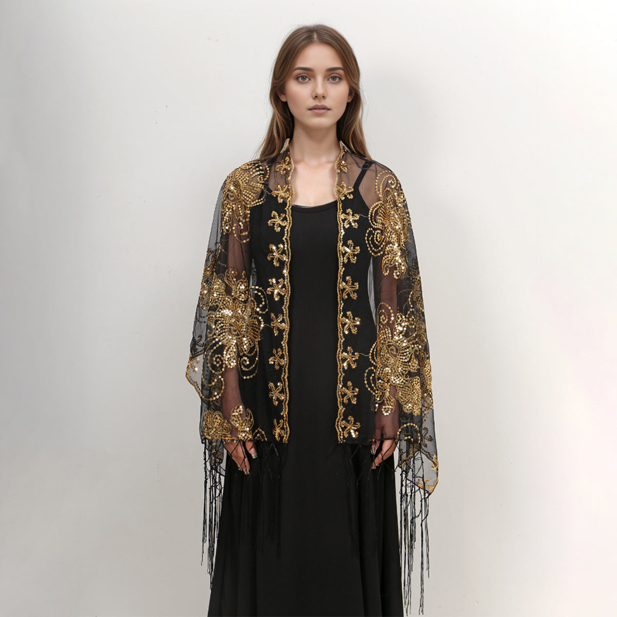 Long Fringe Sequin Embroidered Shawl | Party Dress Evening Banquet Thin Scarf