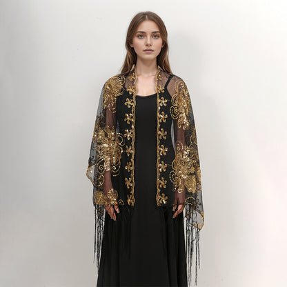 Long Fringe Sequin Embroidered Shawl | Party Dress Evening Banquet Thin Scarf