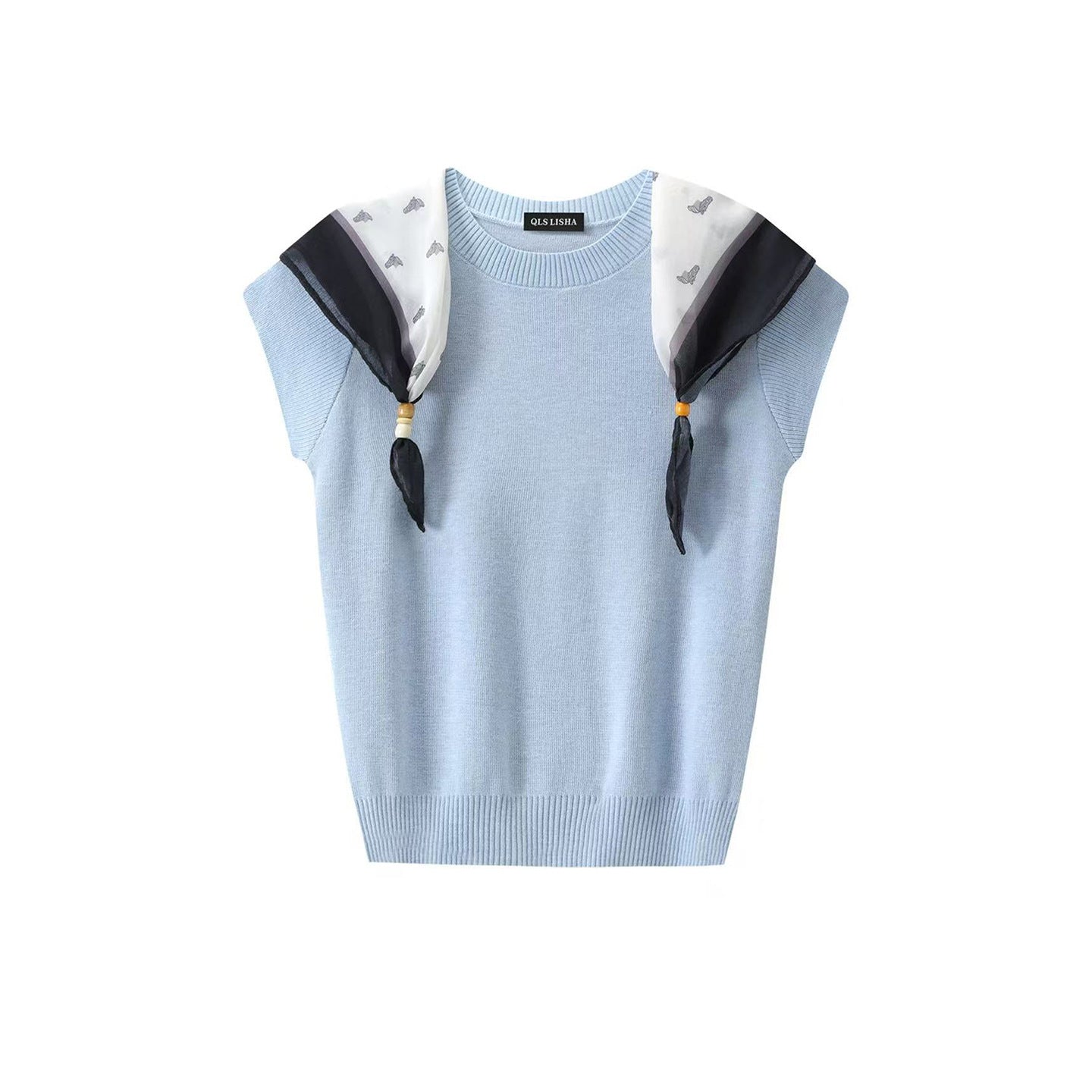 Women's Fashionable Scarf Detail Knit Top - Elegant Slim Fit Summer Tee