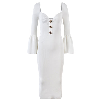 Elegant Knitted Heart-Collar Long Sleeve Dress - European Style Slim Fit Midi Skirt with Decorative Buttons