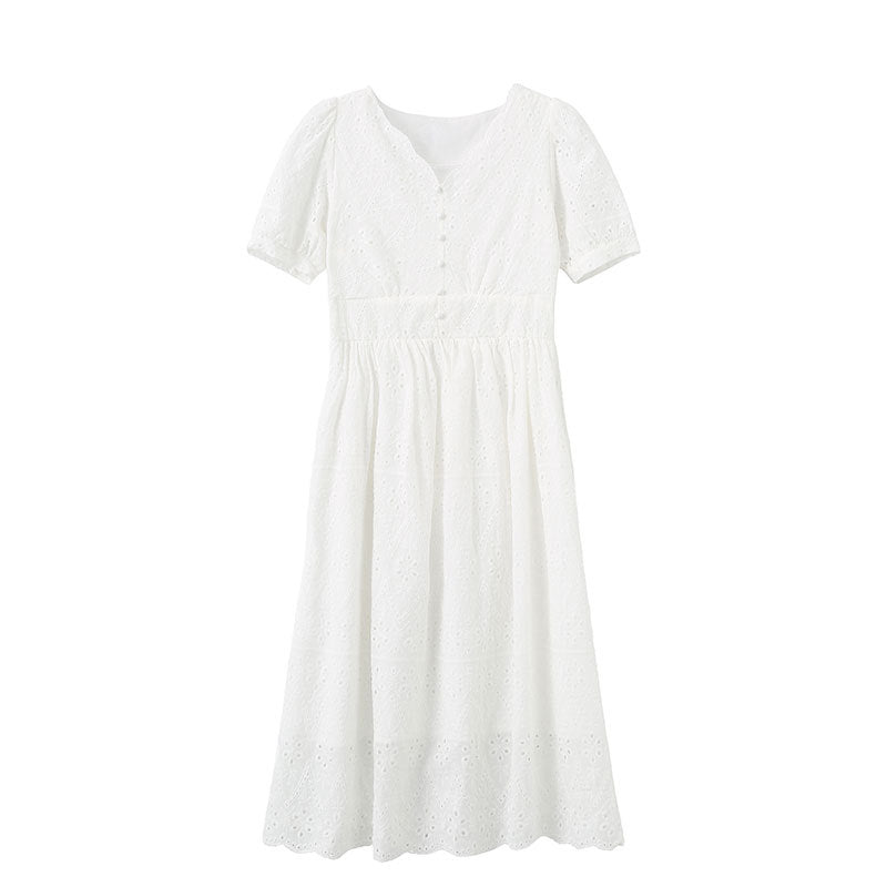 Sweet French Embroidered White Long Dress - Summer Elegant V-Neck Short Sleeve Maxi Skirt for Women