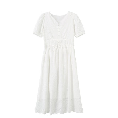 Sweet French Embroidered White Long Dress - Summer Elegant V-Neck Short Sleeve Maxi Skirt for Women