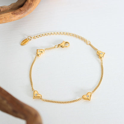 Minimalist Gold Plated Heart Charm Bracelet with Zircon Crystal