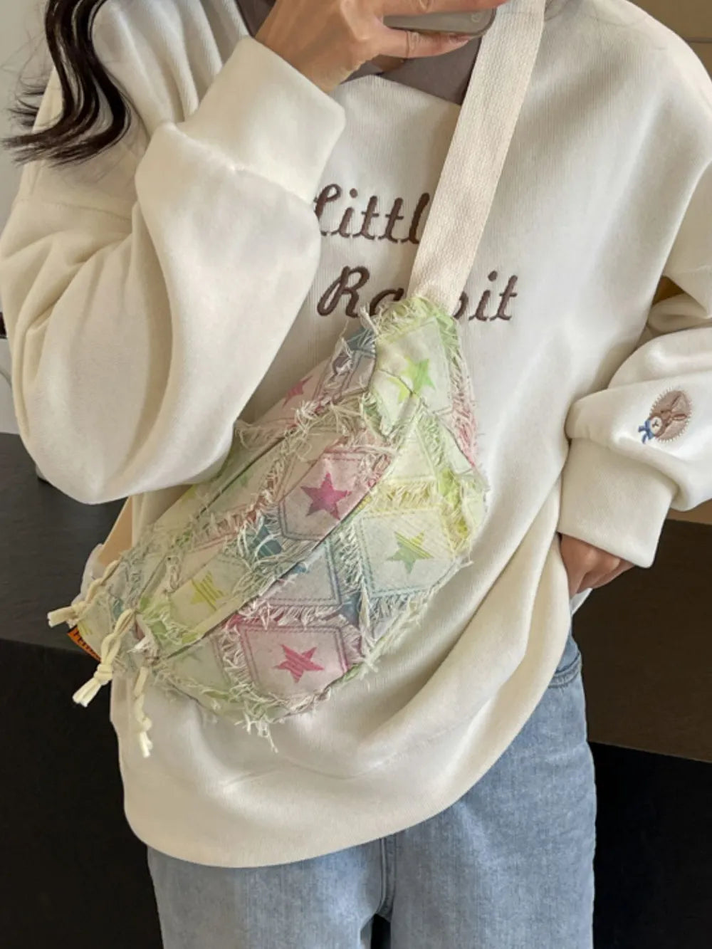 Bohemian Star Patchwork Tie-Dye Crossbody Bag with Raw Edges