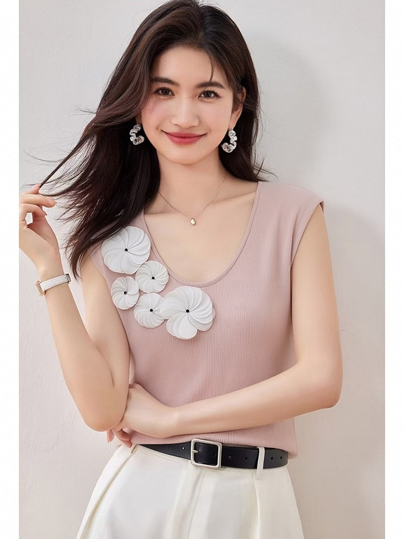 Women's Soft Knit Vest - Summer Fashion Floral Embroidery Top