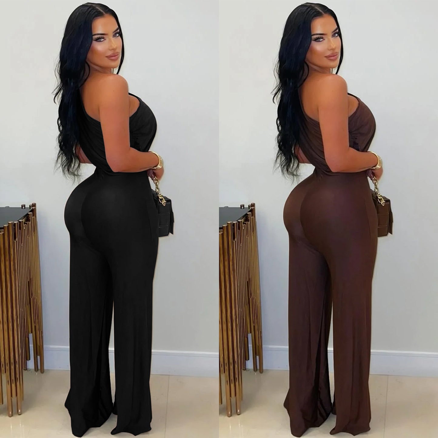 Chic One-Shoulder Wide-Leg Jumpsuit – Elegant Sleeveless Bodycon Romper for Women