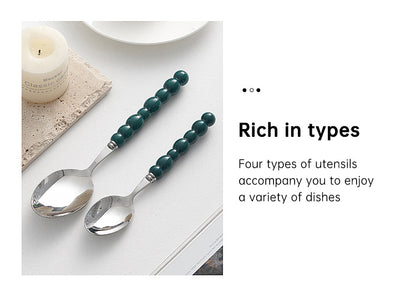 4-Piece Designer Pearl Handle Cutlery Set - Elegant Emerald Green & Stainless Steel Flatware