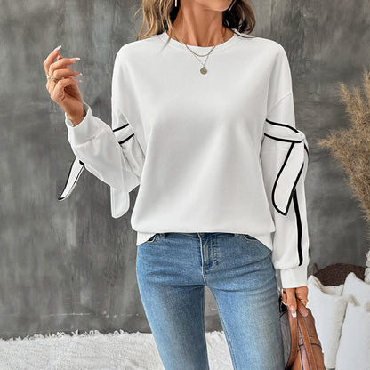 Bow Tie Sleeve Contrasting White Sweatshirt | Round Neck Long Sleeve Pullover for Women