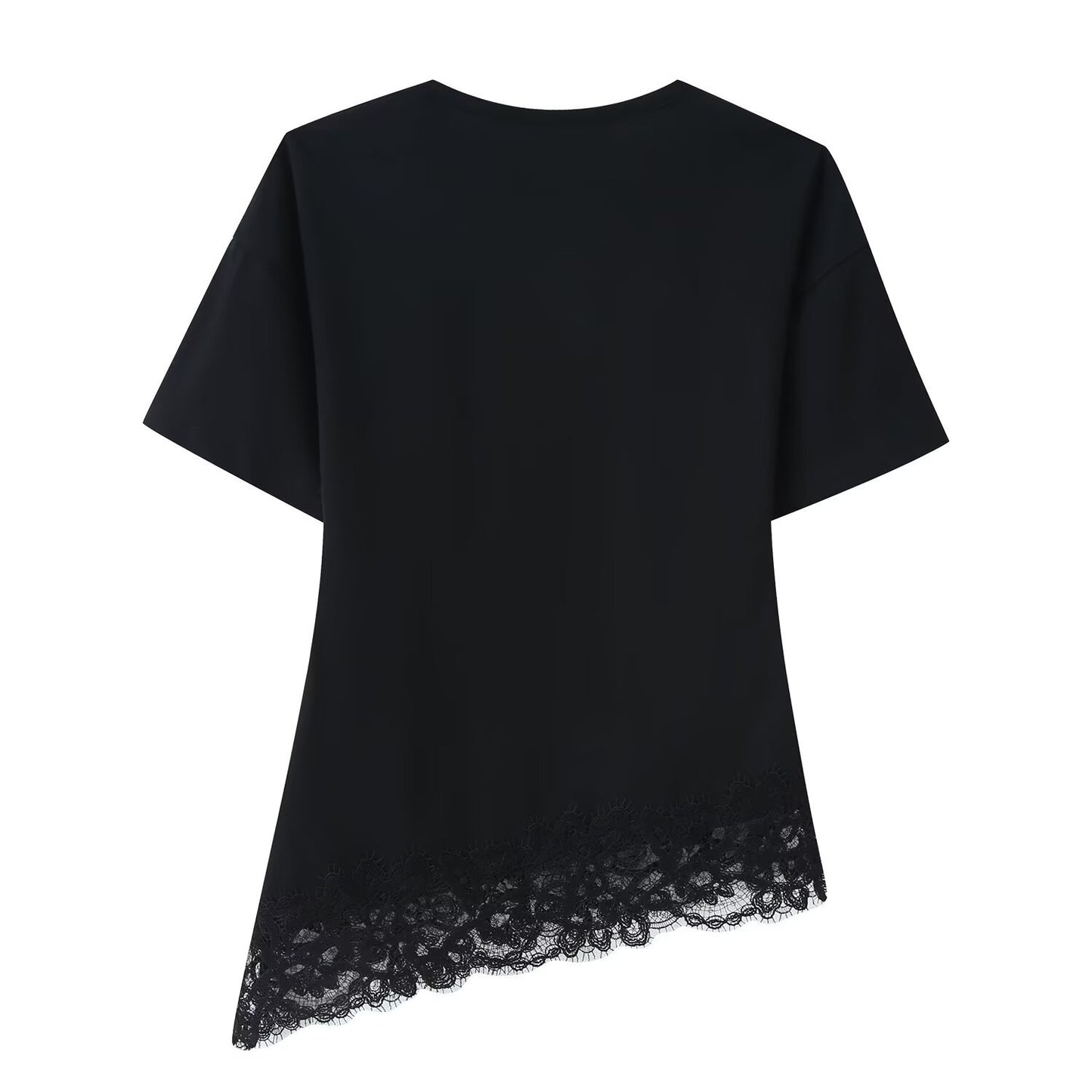 Women's Casual Round Neck Tee - Stylish Lace Stitched Asymmetrical Top