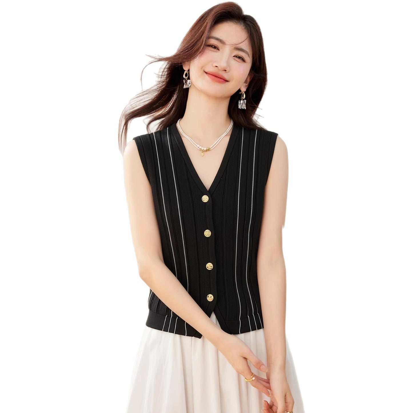 Women's Striped V-Neck Knit Waistcoat - Chic Sleeveless Outerwear Top