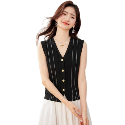 Women's Striped V-Neck Knit Waistcoat - Chic Sleeveless Outerwear Top