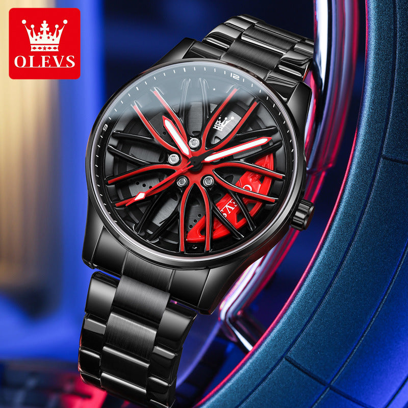 Creative 3D Rotating Wheel Hub Men's Watch - Luxury Stainless Steel Sports Watch