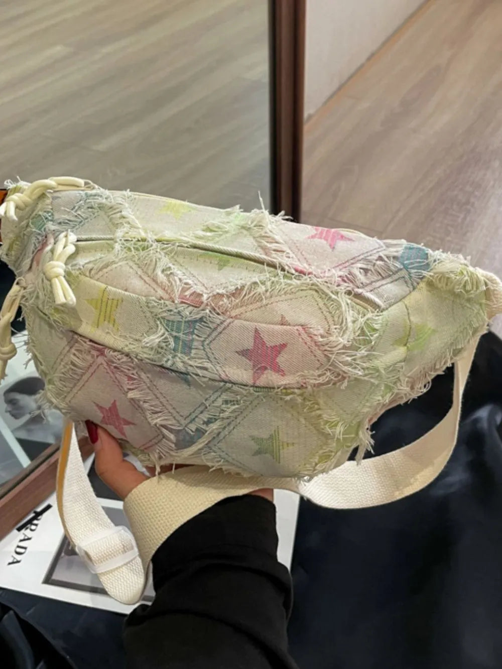 Bohemian Star Patchwork Tie-Dye Crossbody Bag with Raw Edges