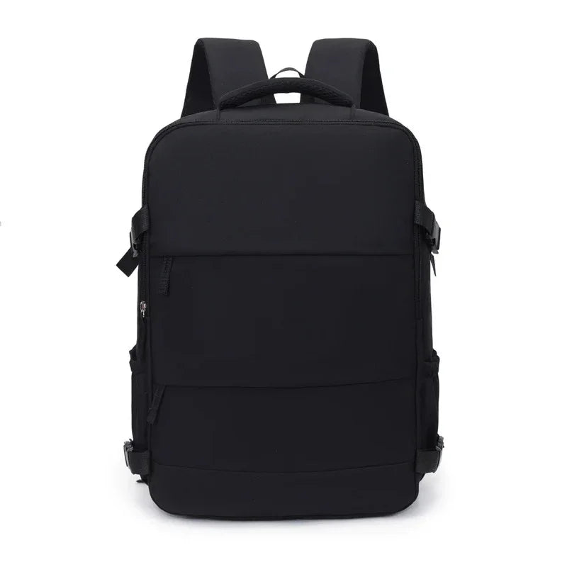 Sleek black backpack with multiple compartments, sturdy straps, and minimalist design
