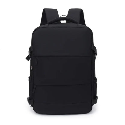 Sleek black backpack with multiple compartments, sturdy straps, and minimalist design