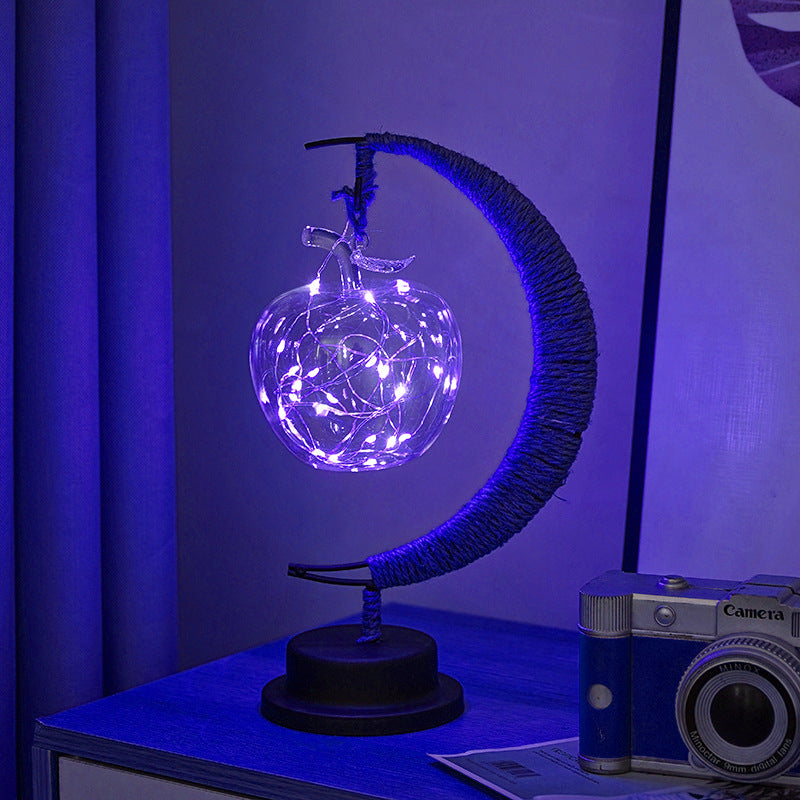 LED Star in Moon Night Light with Hemp Rope and Iron Art Base