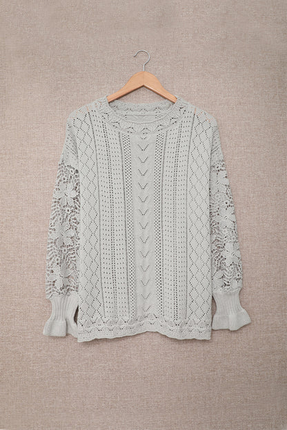 Boho Chic Crochet Knit Sweater - Breezy White Pointelle Pullover