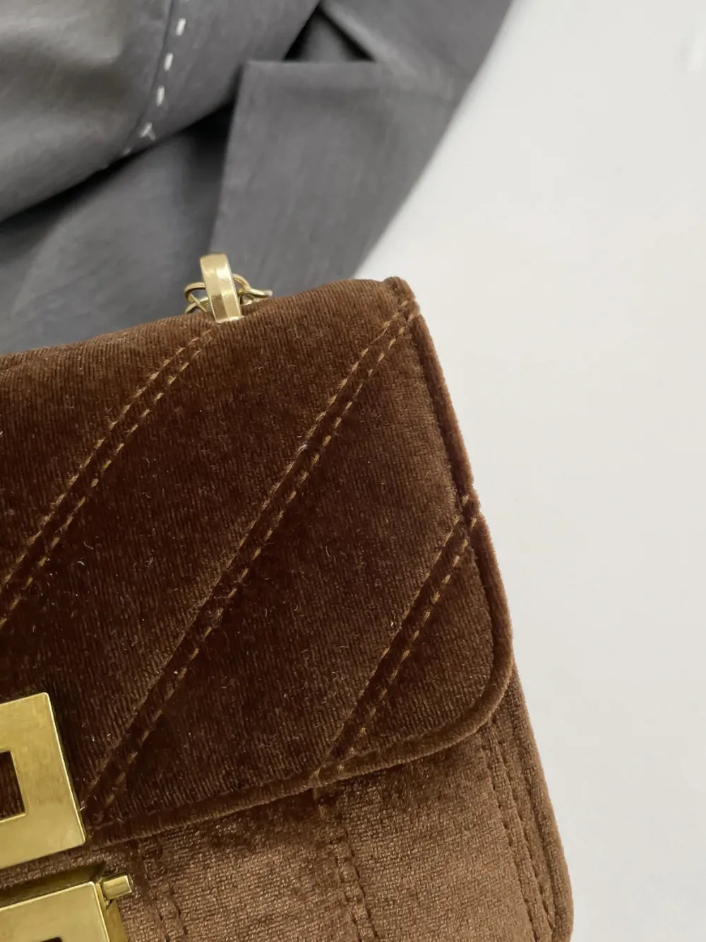 Black Velvet Chain Strap Shoulder Bag with Gold Hardware