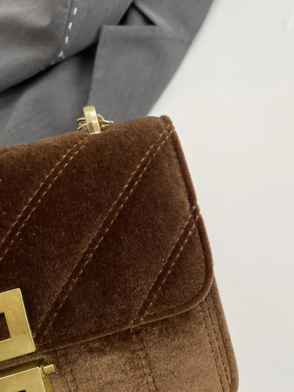 Black Velvet Chain Strap Shoulder Bag with Gold Hardware