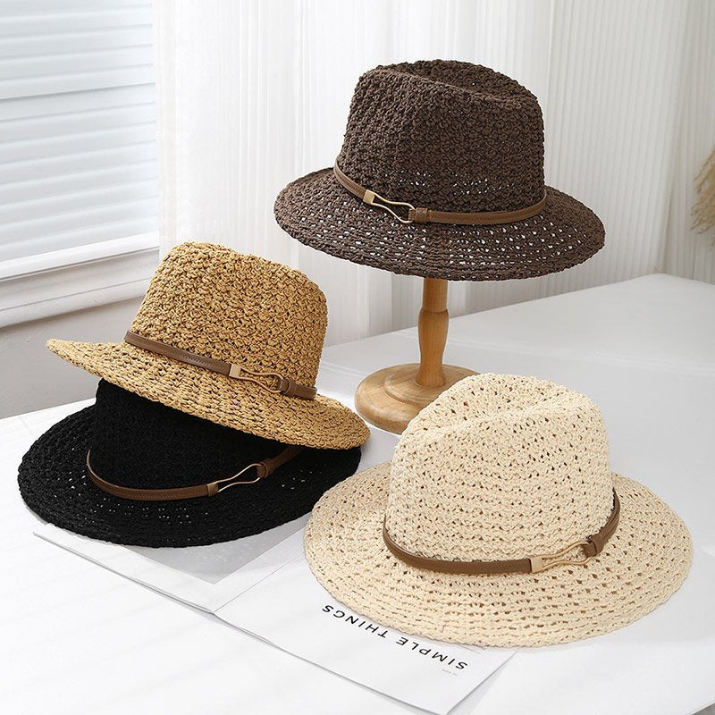 Ladies' Straw Fedora Sun Hat with Leather Band | Wide Brim Summer UV Protection