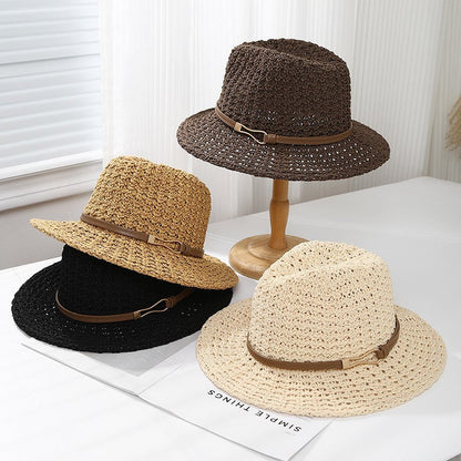 Ladies' Straw Fedora Sun Hat with Leather Band | Wide Brim Summer UV Protection