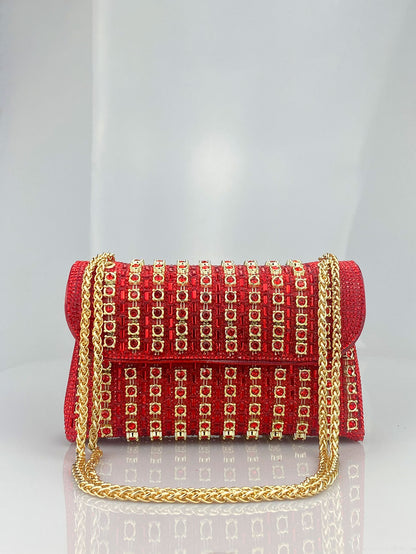 Elegant Black and Gold Chain-Adorned Evening Clutch Bag with Long Strap