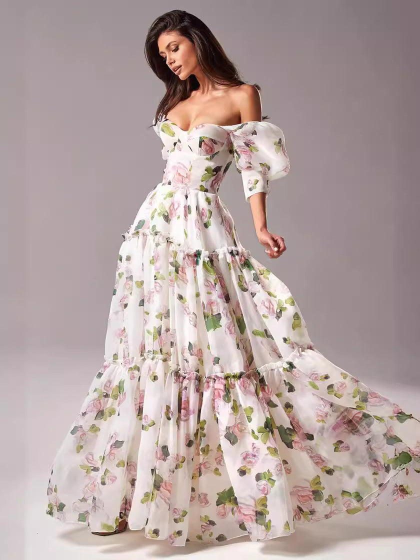 Elegant Off-Shoulder Organza Floral Maxi Dress - Premium Long Evening Gown for Women
